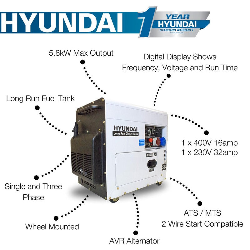 Hyundai DHY8000SELR-T Diesel Generator Silent Multi Phase (230v & 400v) / 5.8kW / 7.5kVA