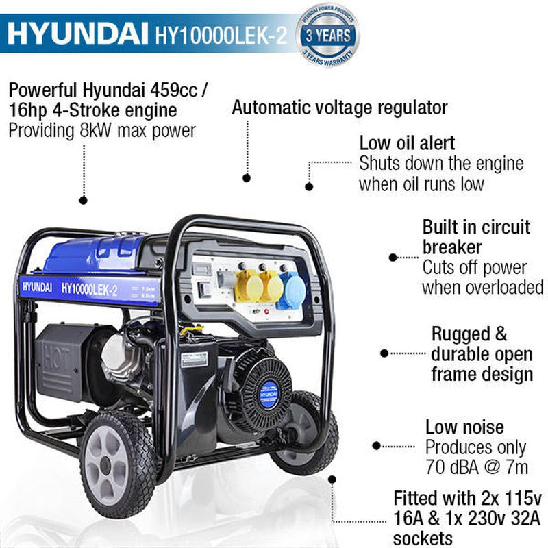 Hyundai HY10000LEK-2 Petrol Open Frame Site Generator Portable / 8kW / 10kVA