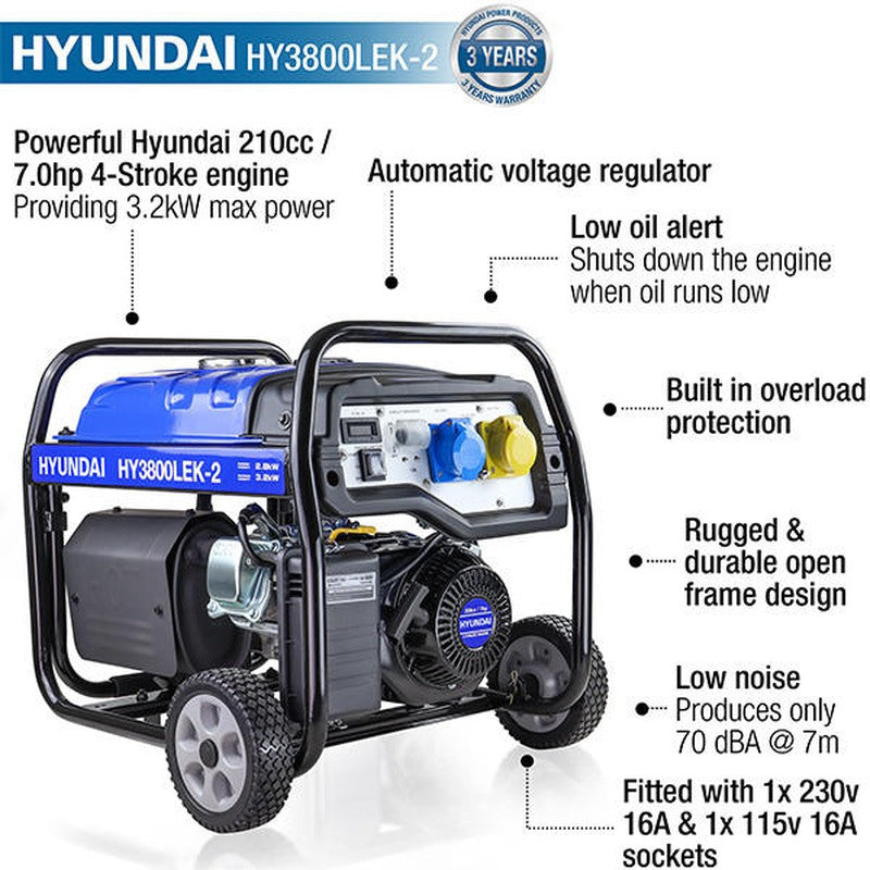 Hyundai HY3800LEk-2 Petrol Site Open Generator With Wheel Kit / 3.2kW / 4kVA