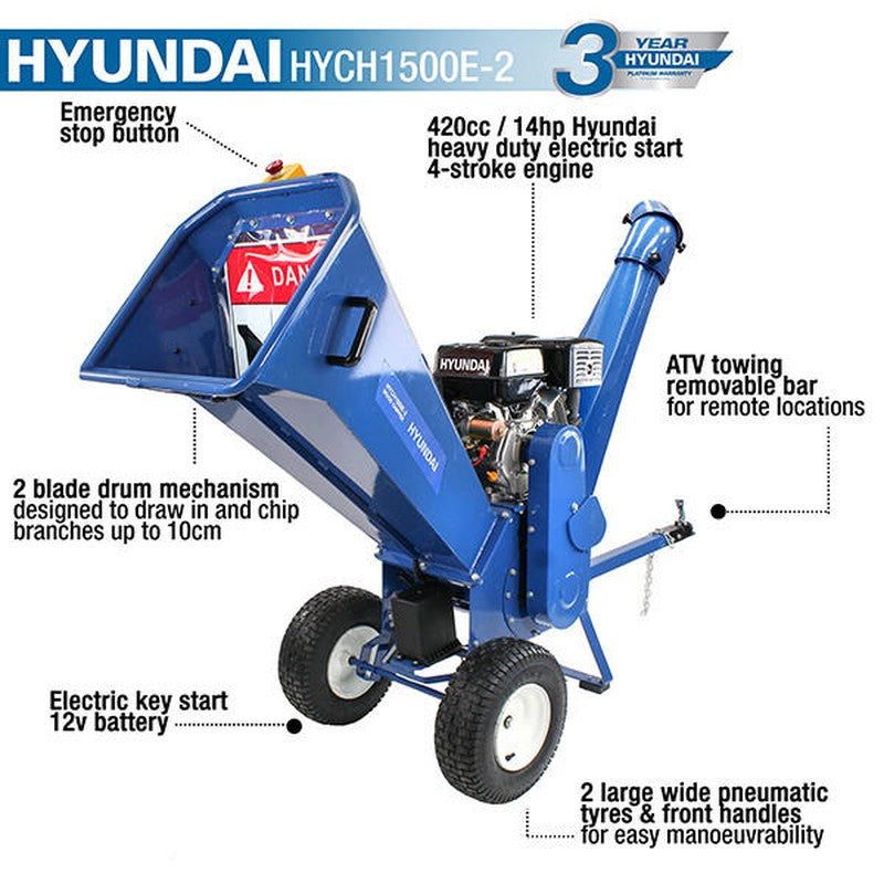 Hyundai HYCH1500E-2 Petrol Wood Chipper Shredder Mulcher / 420cc / 100mm