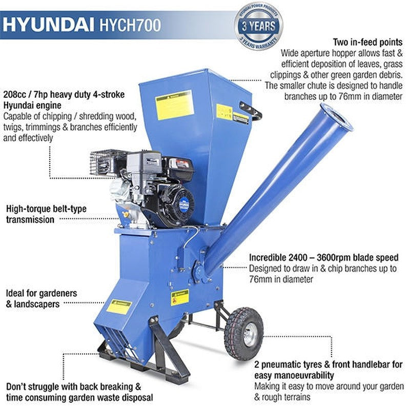 Hyundai HYCH700 Petrol Garden Wood Chipper Shredder Mulcher / 208cc / 76mm