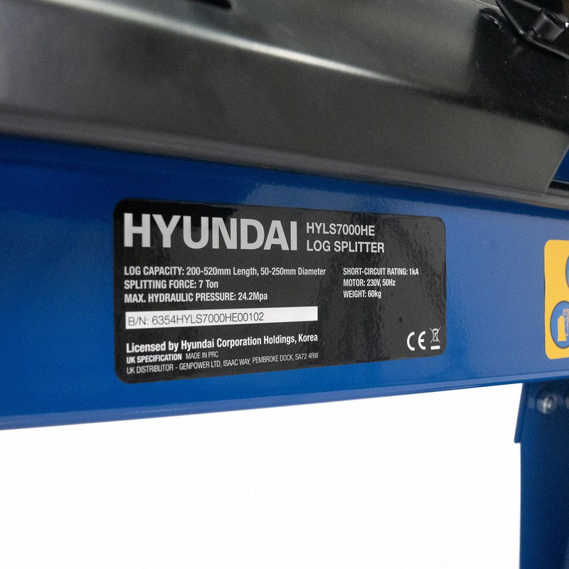 Hyundai HYLS7000HE Electric Log Splitter Horizontal with Hydraulic Ram / 7 Tonne / 520mm Length