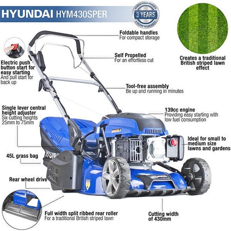 Hyundai HYM430SPER Petrol Roller Lawn Mower Self Propelled Electric Start / 17" / 43cm / 139cc