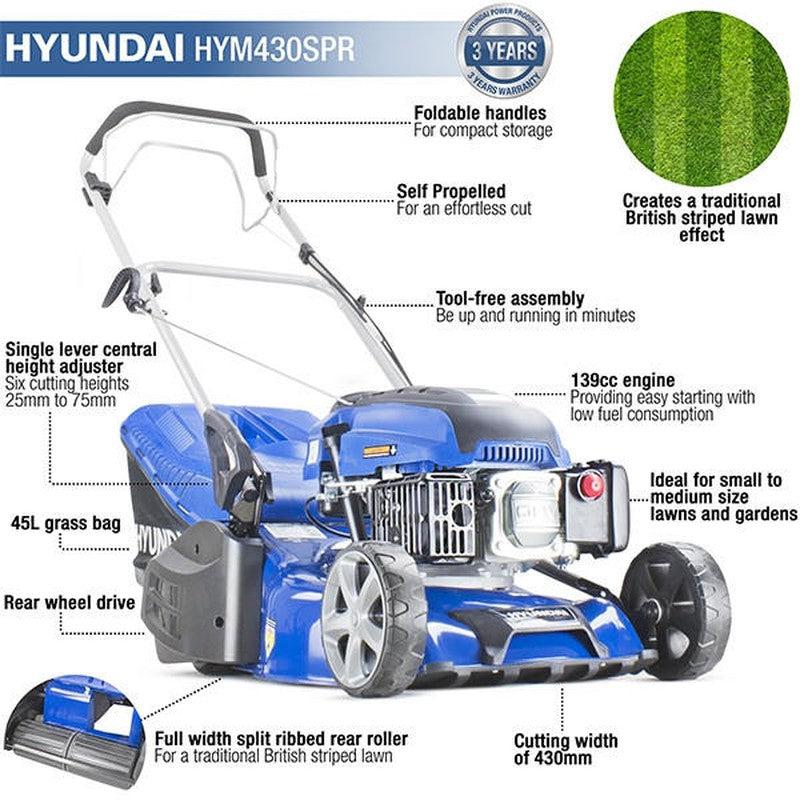 Hyundai HYM430SPR Petrol Roller Lawn Mower Self Propelled / 17" / 43cm / 139cc