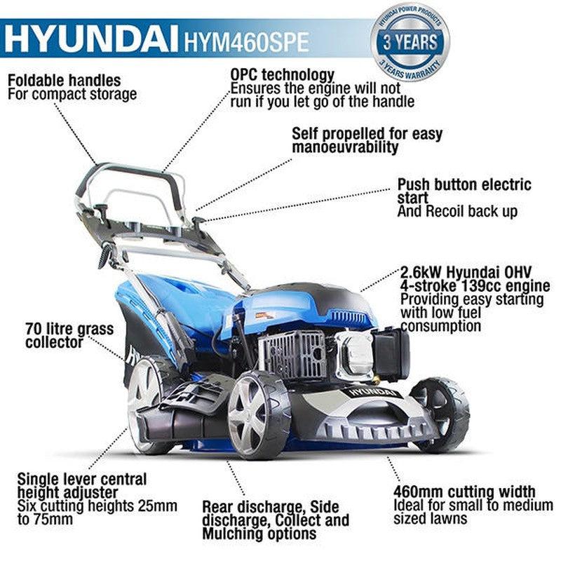 Hyundai HYM460SPE Petrol Lawn Mower Mulcher Self Propelled Electric Start / 18" / 46cm / 139cc