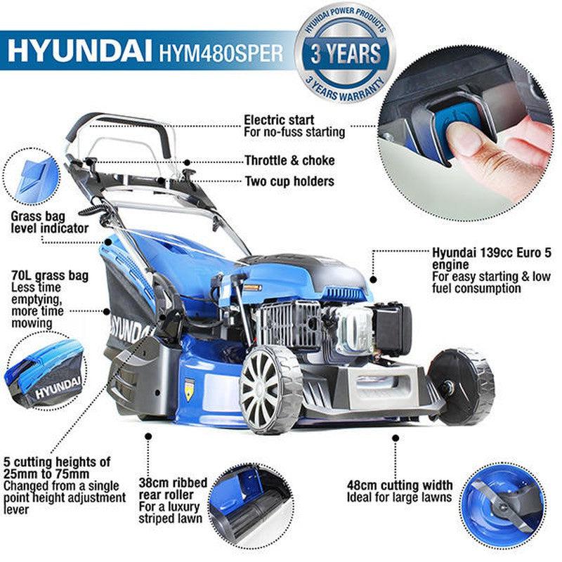 Hyundai HYM480SPER Petrol Lawn Mower Rear Roller Self Propelled Electric Start / 19" / 48cm / 139cc