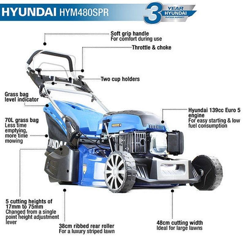 Hyundai HYM480SPR Petrol Roller Lawn Mower Self Propelled / 19" / 48cm / 139cc