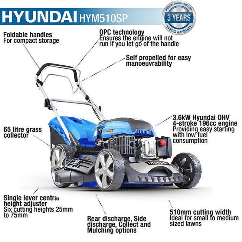 Hyundai HYM510SP Petrol Lawn Mower Mulcher Self Propelled / 20" / 51cm / 196cc