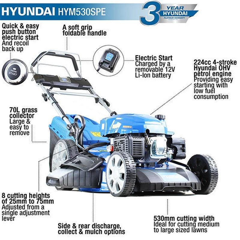 Hyundai HYM530SPE Petrol Lawn Mower Mulcher Electric Start Self Propelled / 21'' / 53cm / 224cc