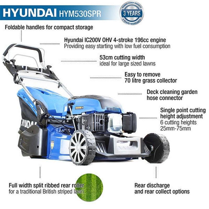 Hyundai HYM530SPR Petrol Roller Lawn Mower Self-Propelled / 21"/ 53cm / 196cc / 70L