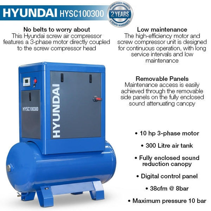 Hyundai HYSC100300 Heavy-Duty Industrial Screw Air Compressor Silent / 300 L / 38 CFM / 145 PSI / 10hp / 400V