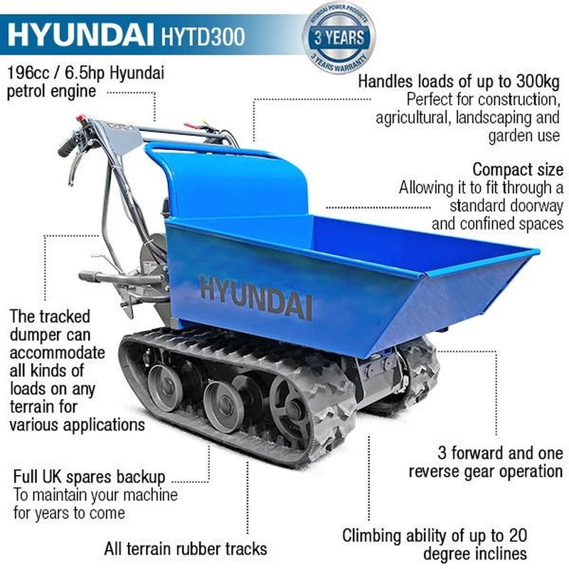 Hyundai HYTD300 Petrol Tracked Mini Dumper Power Barrow / 196cc / 300kg