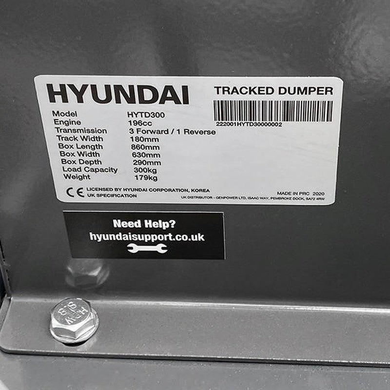 Hyundai HYTD300 Petrol Tracked Mini Dumper Power Barrow / 196cc / 300kg