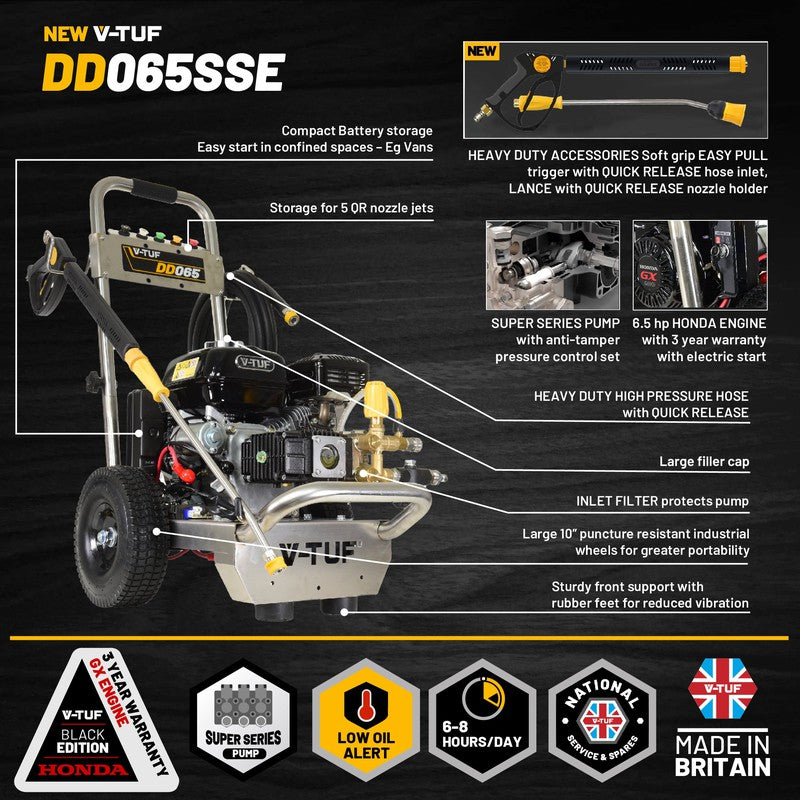 V-TUF DD065SSE Petrol Pressure Washer - Industrial Honda GX200QX / 2900 PSI / 160BAR / 792 LPH / 10M Hose