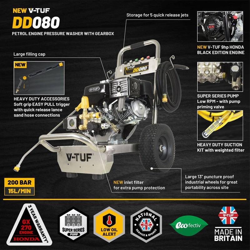 V-TUF DD080 Petrol Pressure Washer - Industrial Honda GX270QX / 2900psi / 200Bar / 900 LPH / 10M Hose