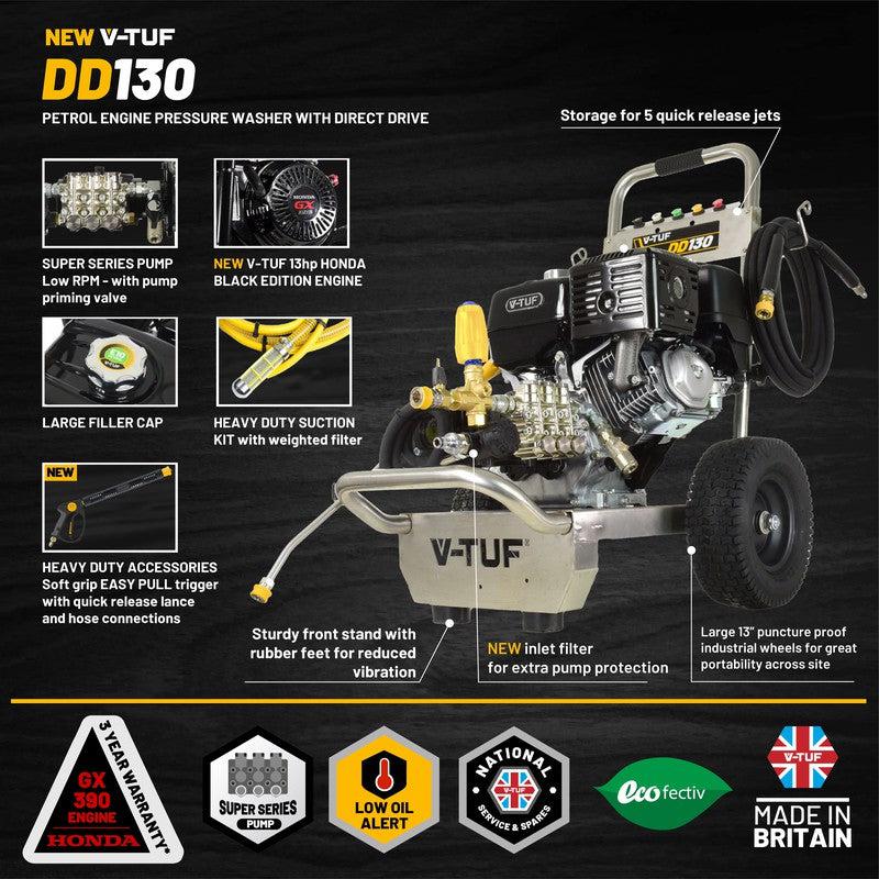 V-TUF DD130 Petrol Pressure Washer - Industrial Honda GX390QX / 4350psi / 300Bar / 900 LPH / 10M Hose