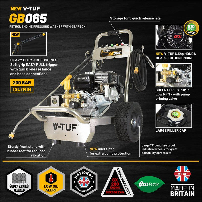 V-TUF GB065 Petrol Pressure Washer - Honda GX200QX / 2900 PSI / 200 BAR / 720 LPH / 10M Hose