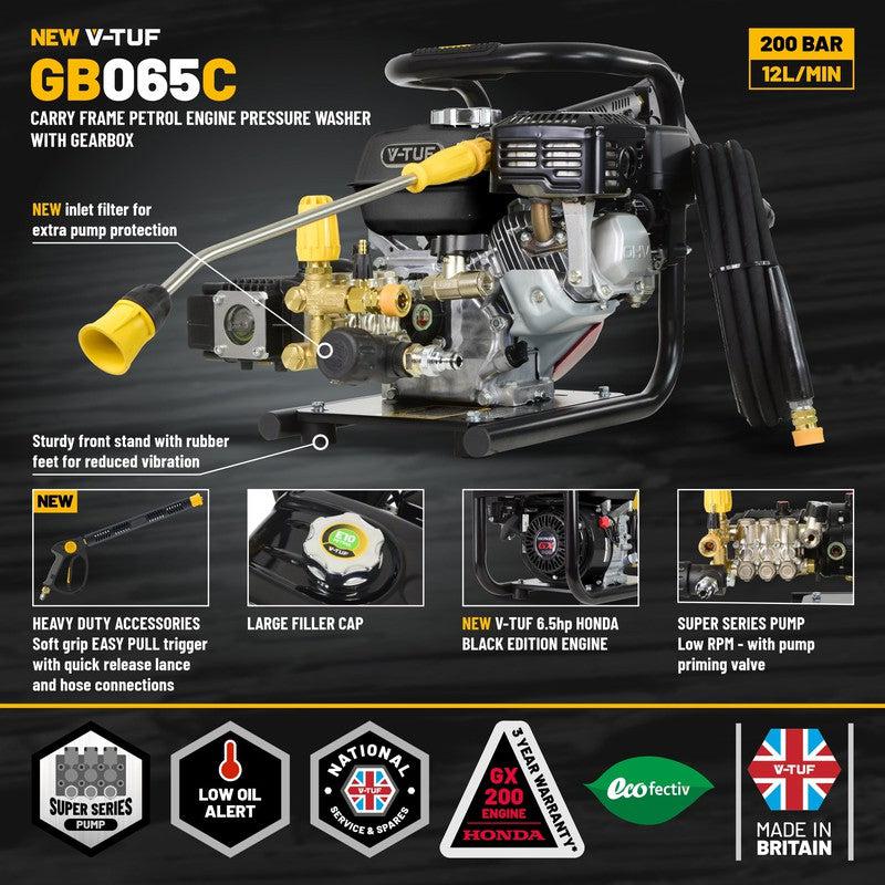 V-TUF GB065C Petrol Pressure Washer With Carry Frame - Honda GX200 / 2900 PSI / 200 BAR / 720 LPH / 10M Hose