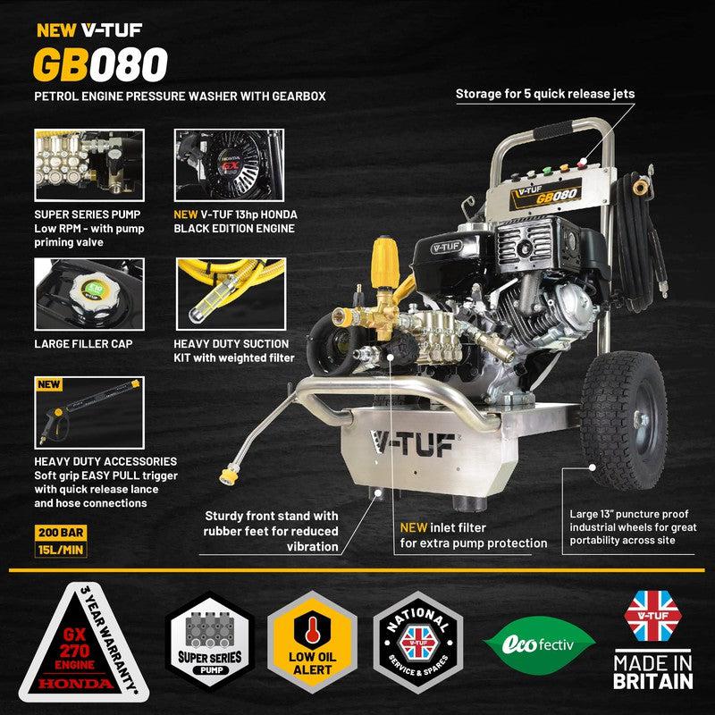 V-TUF GB080 Petrol Pressure Washer Stainless Steel - Industrial Honda GX270QX / 2900 PSI / 200 Bar / 900 LPH / 10M Hose