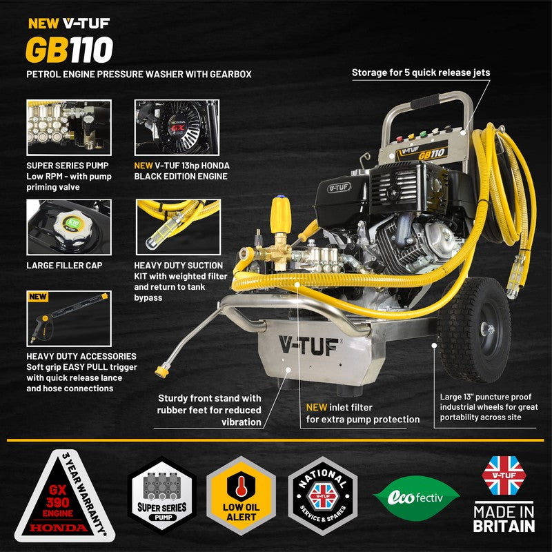 V-TUF GB110 Petrol Pressure Washer Stainless Steel - Industrial Honda GX390QX / 3000 PSI / 200 BAR / 1260 LPH / 10M Hose