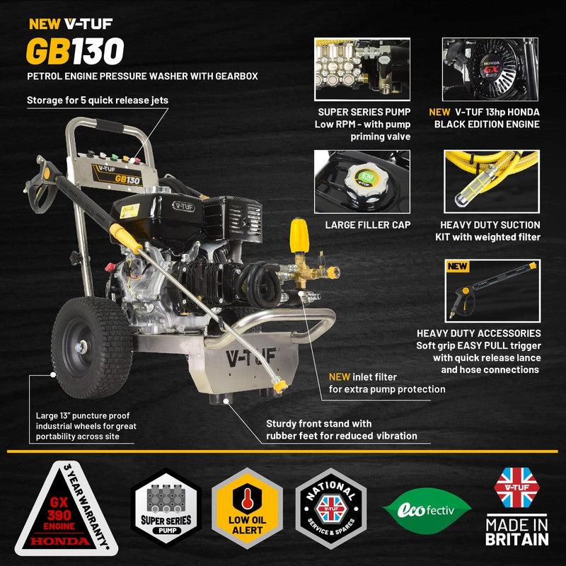 V-TUF GB130 Petrol Pressure Washer Stainless Steel - Industrial Honda GX390 / 3626 PSI / 250 BAR / 900 LPH / 10M Hose