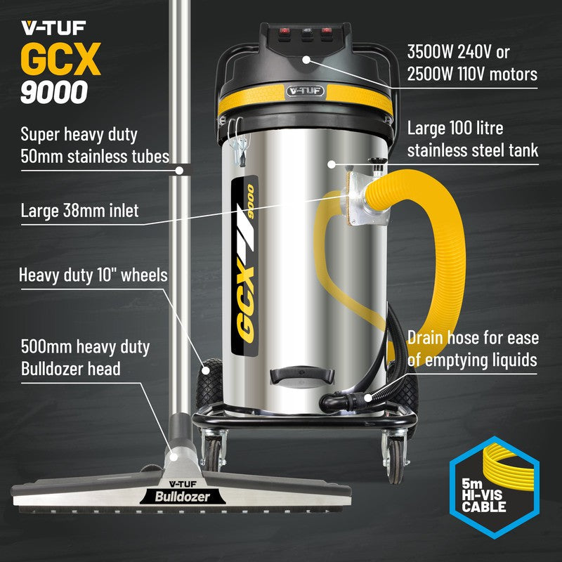 V-TUF GCX9000-110 Wet And Dry Industrial Vacuum Cleaner - 2.5KW 100L Side Entry & Cyclone Tech (110V)