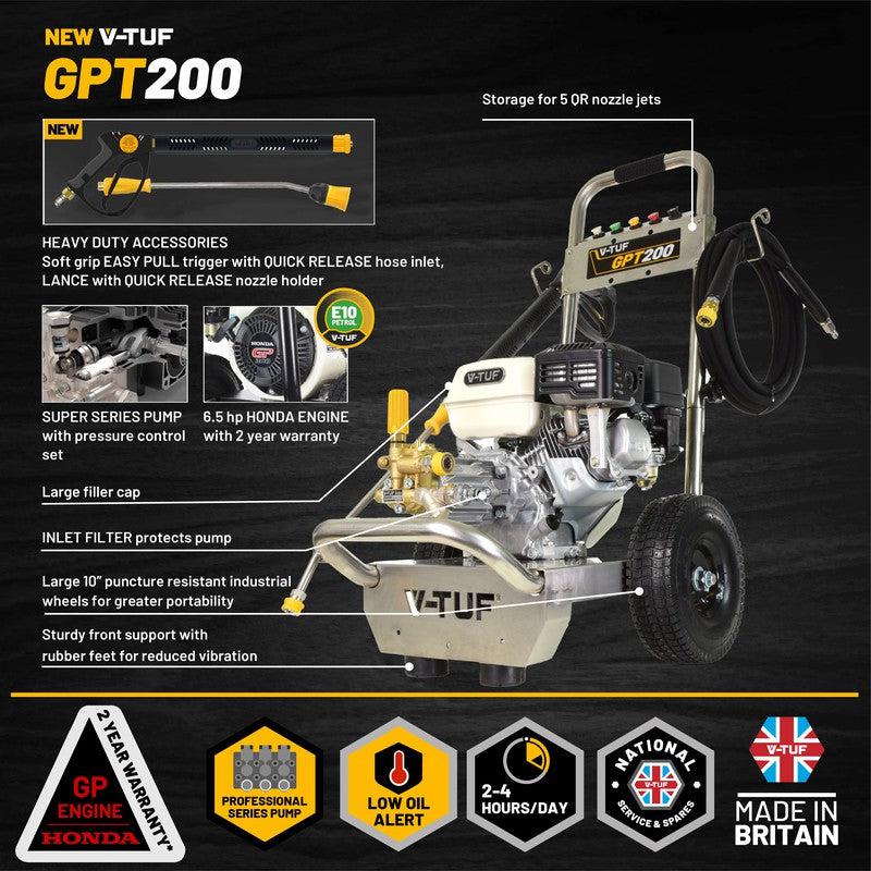 V-TUF GPT200 Petrol Pressure Washer Stainless Steel - Industrial Honda GP200 / 2755 PSI / 190 BAR / 720 LPH / 10M Hose