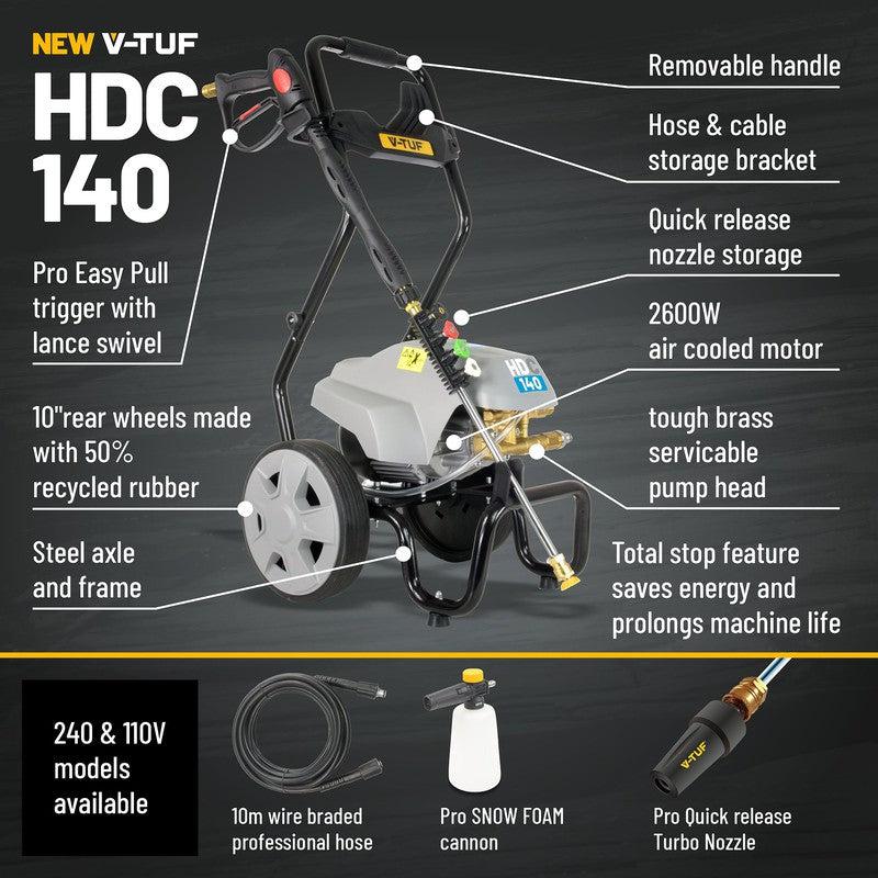 V-TUF HDC140-110 Electric Pressure Washer - 110v / 1750 PSI / 100 Bar / 480LPH / 10M Hose