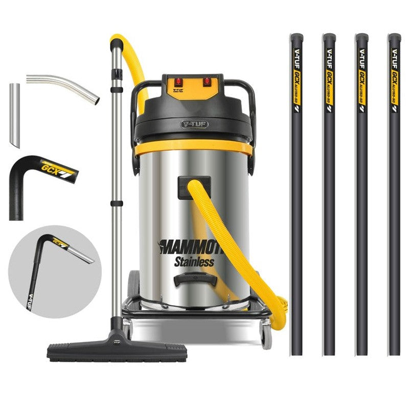 V-TUF MAMMOTH240-STGCX20 Wet And Dry Industrial Vacuum Cleaner With Gutter Vacuum Pole Kit - 240V 3500W 80L / 20FT Pole Reach