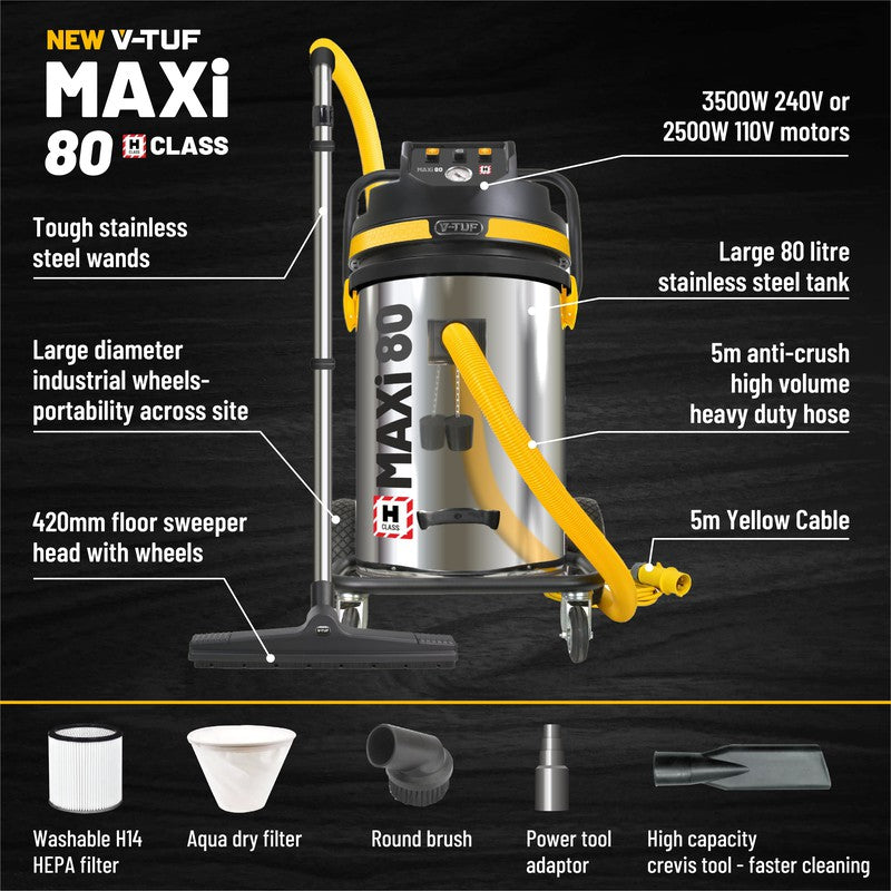 V-TUF MAXIH240-80L Industrial Dust Vacuum Cleaner With Filter Shaker - 3500W 240V 80L H CLASS