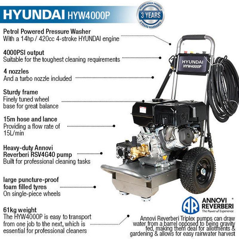 Hyundai HYW4000P Petrol Pressure Washer / 4000psi / 275bar / 15L/Min / 420cc Engine